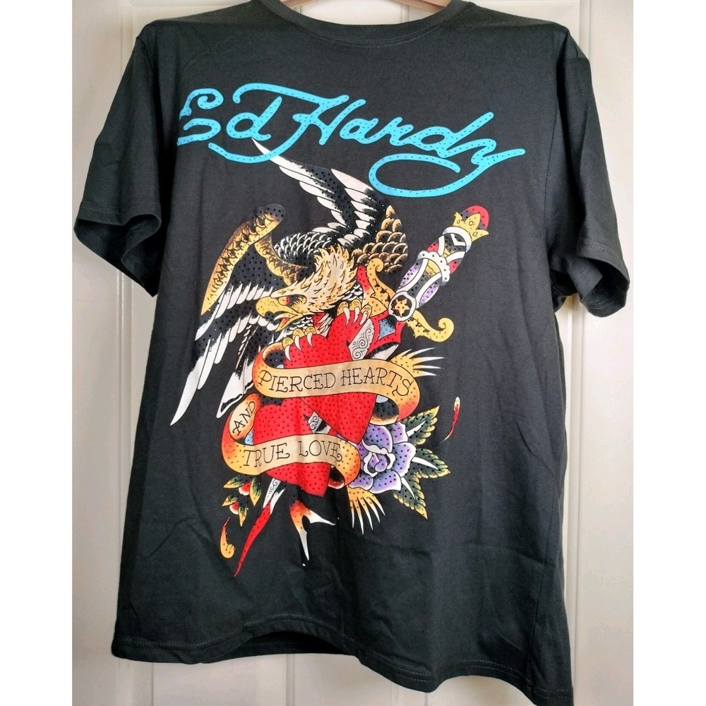 Ed Hardy Rhinestone T-Shirt Mens Large Eagle Pierced Hearts True Love Graphic